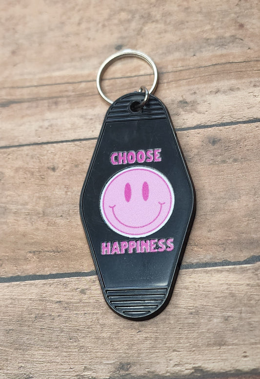 Choose Happiness Motel Key Tag | Pink Smiley Black Acrylic Motel Keychain