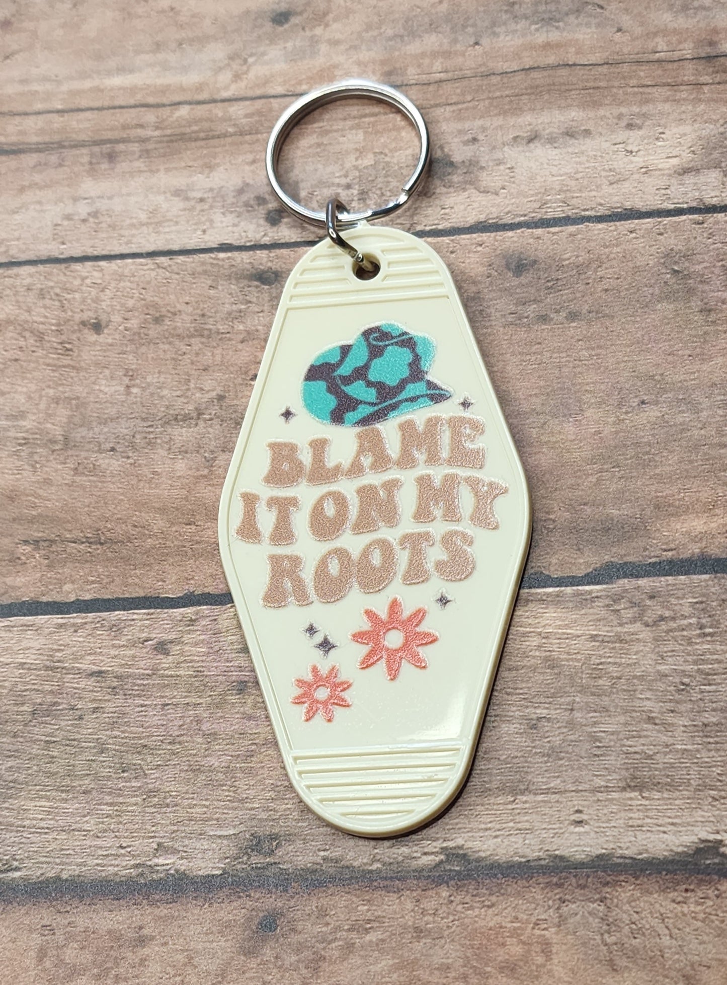 Blame It On My Roots Motel Key Tag | Beige Western Acrylic Motel Keychain