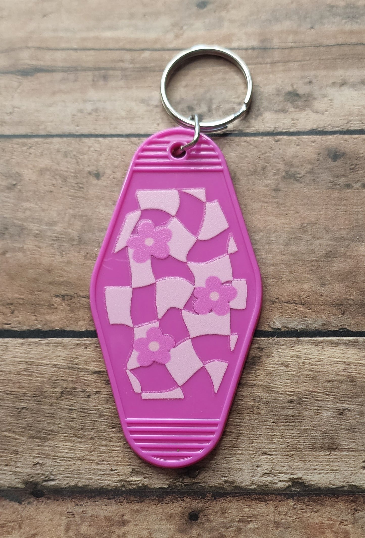Groovy Checker Flowers Motel Key Tag | Pink Acrylic Motel Keychain