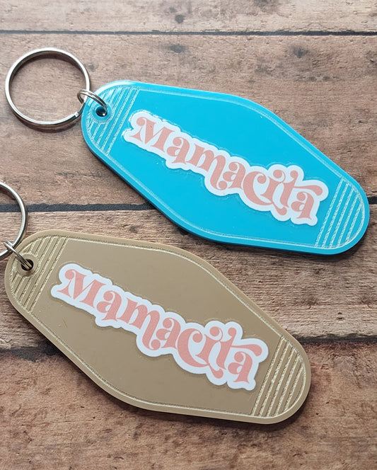 Mamacita Motel Key Tag | Blue Tan Acrylic Motel Keychain