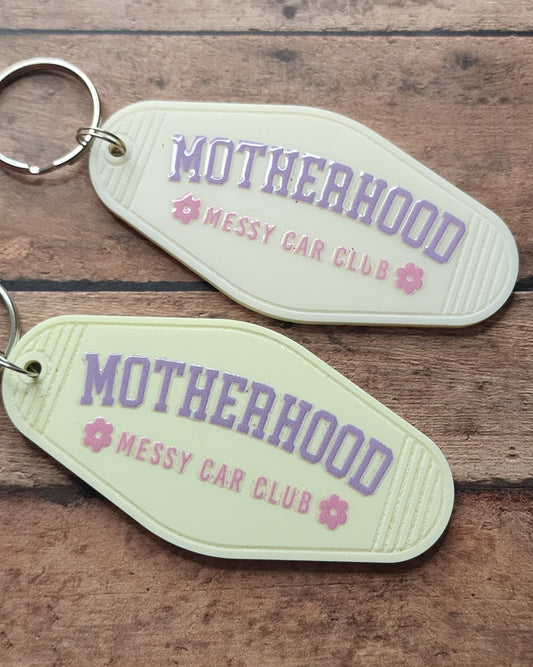 Motherhood: Messy Car Club Motel Key Tag | Pastel Yellow Beige Acrylic Motel Keychain