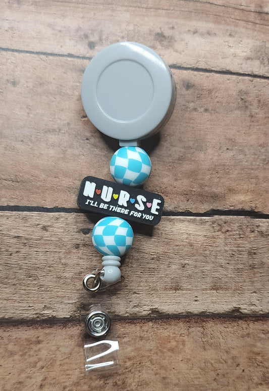 Be There For You Silicone Bead Badge Reel | Turquoise Checker Print Badge Reel