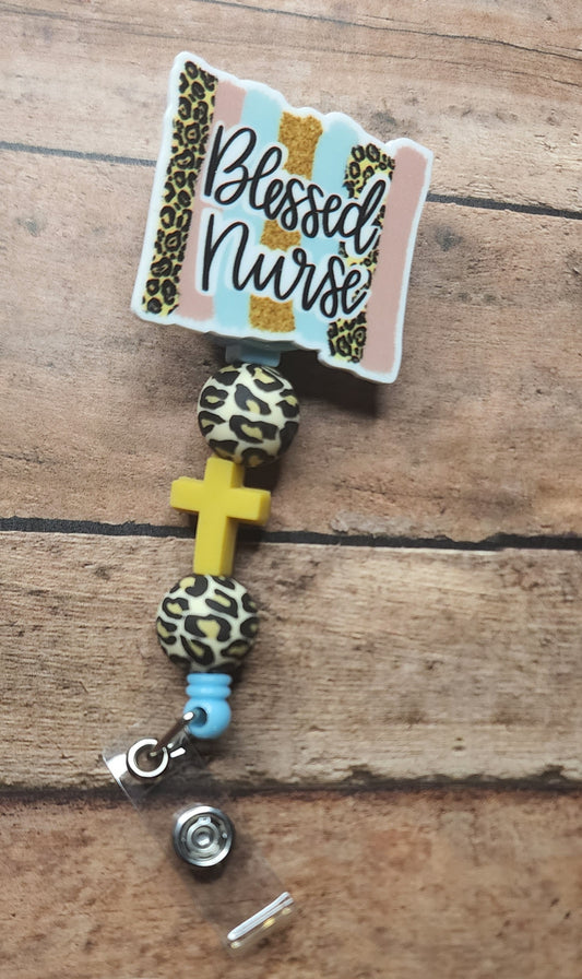 Blessed Nurse Silicone Bead Badge Reel | Leopard Cross Silicone Beaded Badge Reel