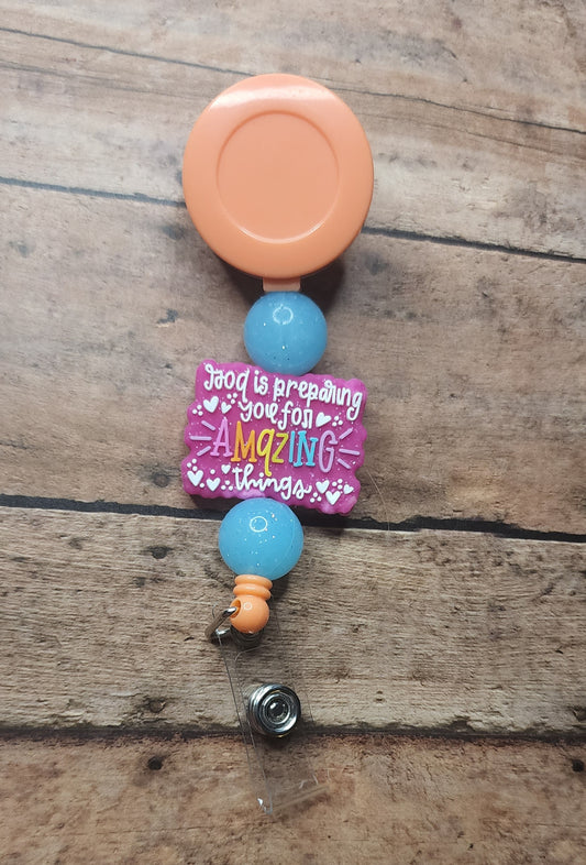 God Is Preparing You For Amazing Things Silicone Bead Badge Reel | Glitter Silicone Beaded Motivational Badge Reel