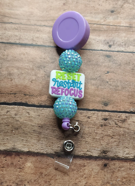 Reset Restart Refocus Beaded Badge Reel | Rhinestone Bead Badge Reel