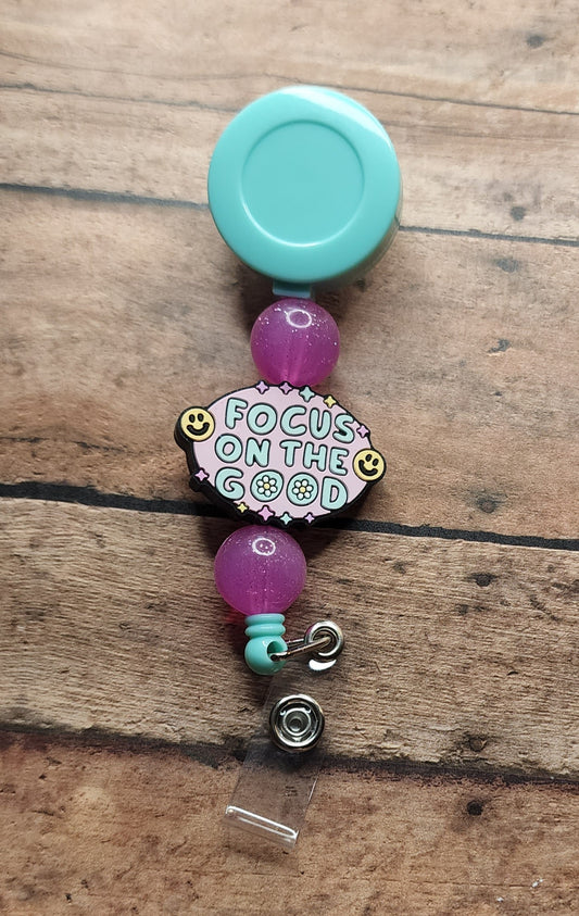 Focus On the Good Silicone Bead Badge Reel | Motivational Silicone Beaded Badge Reel