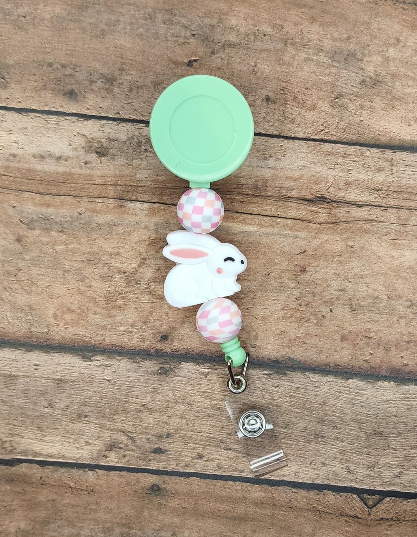 Spring Checker Bunny Badge Reel
