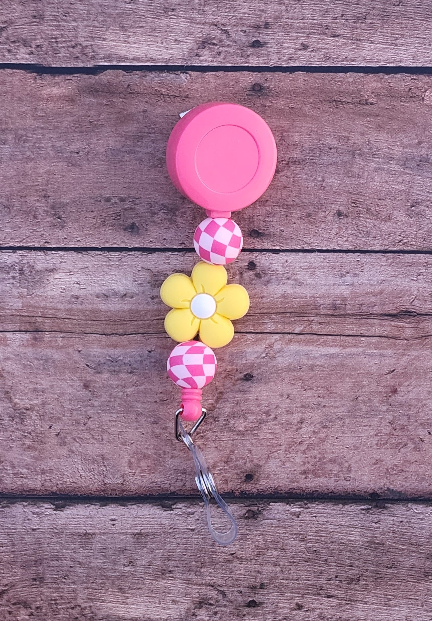 Puffy Flower Silicone Bead Badge Reel | Pink Checker Print Badge Reel