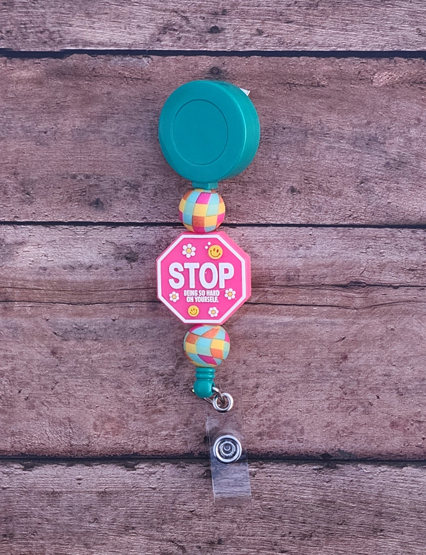 Stop Being So Hard On Yourself/Stop Overthinking It Silicone Bead Badge Reel | Two Sided Motivational Badge Reel