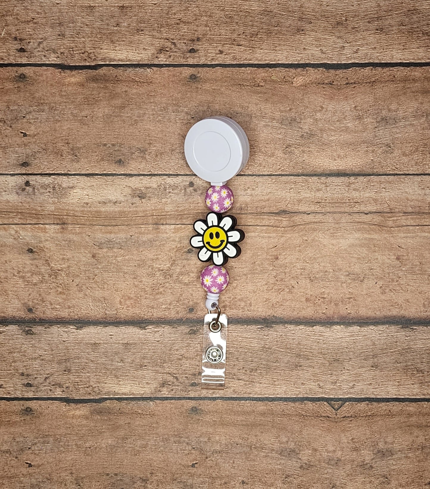 Smiley Daisy Silicone Bead Badge Reel | Purple Daisy Print Badge Reel