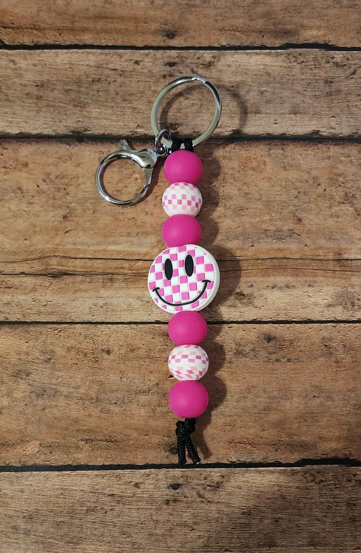 Pink Checker Smiley Keychain
