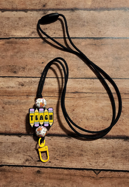 Teacher Silicone Bead Lanyard | "TEACH" Pencil Charm | Bright and Fun Classroom Badge Holder