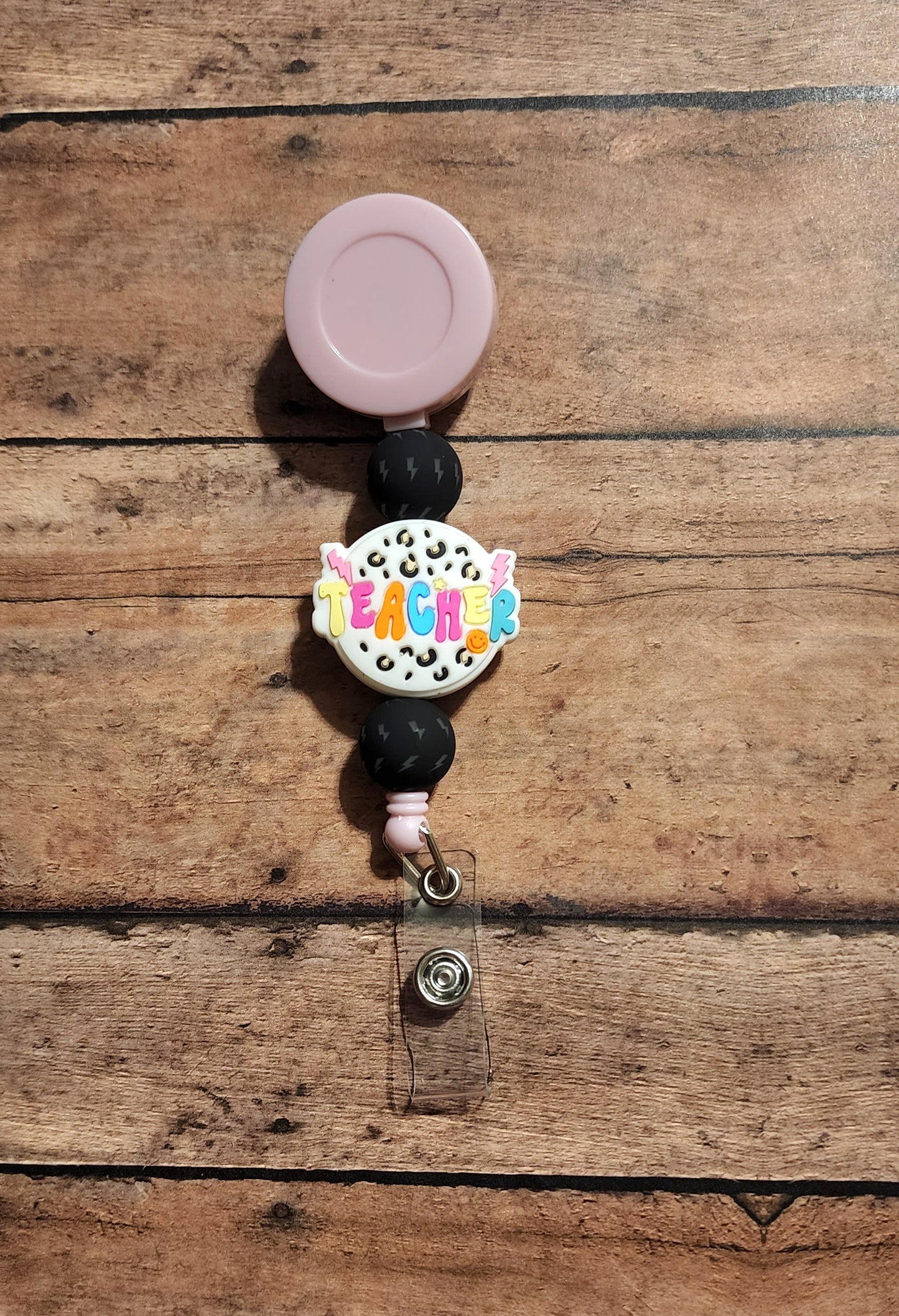 Teacher Silicone Bead Badge Reel | Colorful "Teacher" Charm with Lightning Details | Fun Classroom Badge Holder