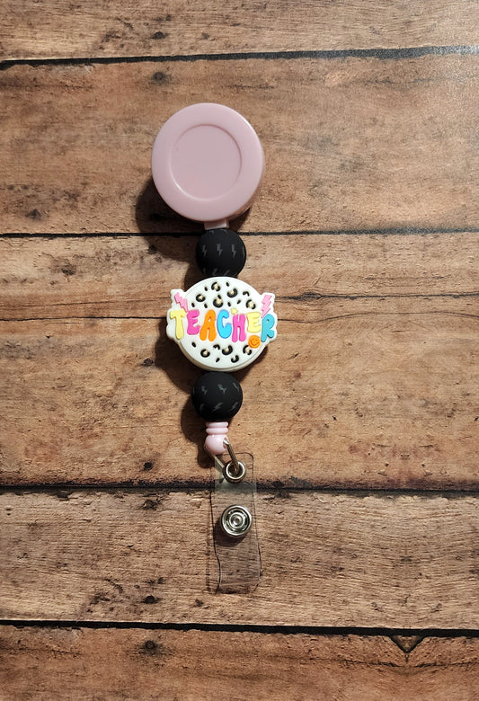 Teacher Silicone Bead Badge Reel | Colorful "Teacher" Charm with Lightning Details | Fun Classroom Badge Holder