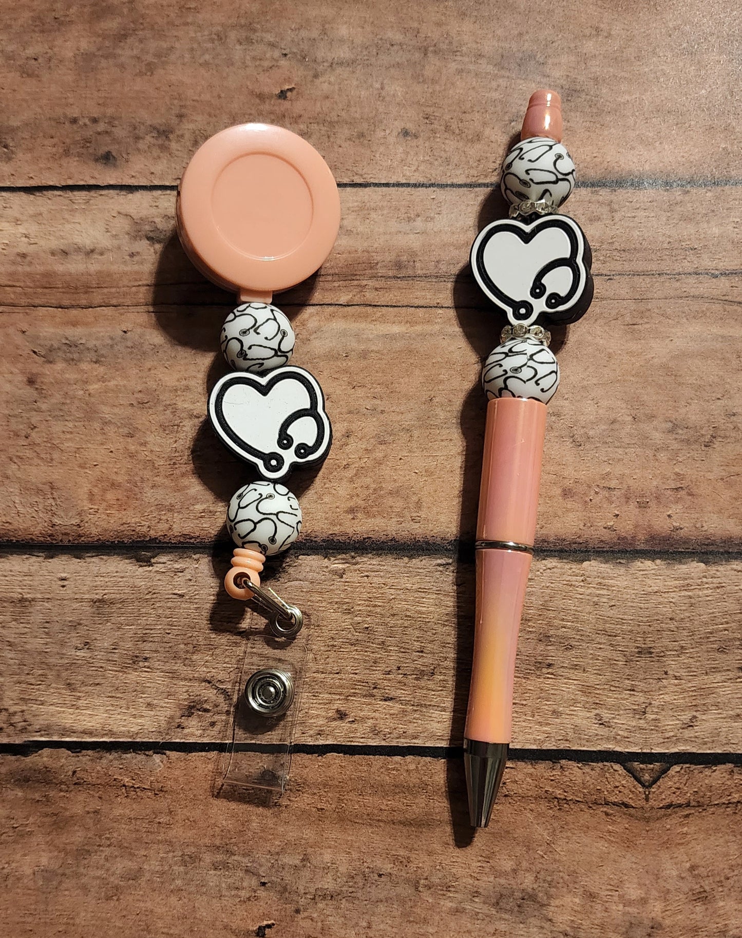 Peach Stethoscope Heart Silicone Bead Badge Reel & Pen Matching Set | Nurse Matching Gift Set