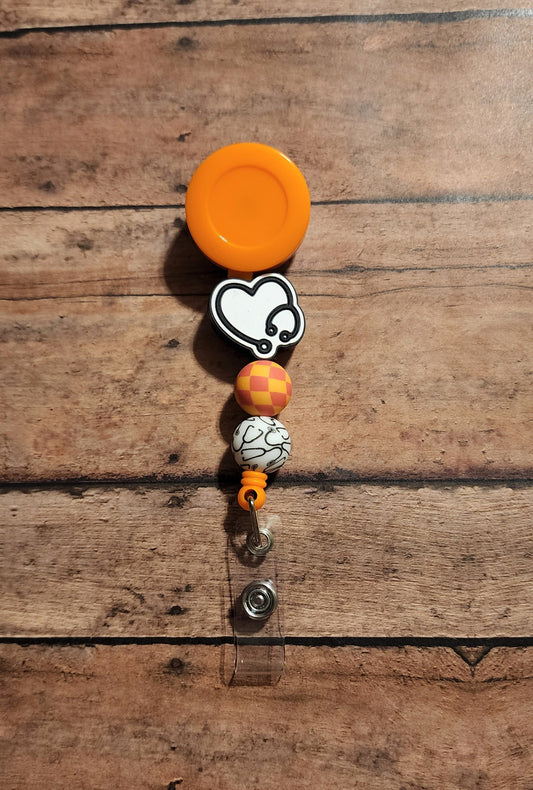 Stethoscope Silicone Bead Badge Reel | Pink & Orange Checker Print Badge Reel