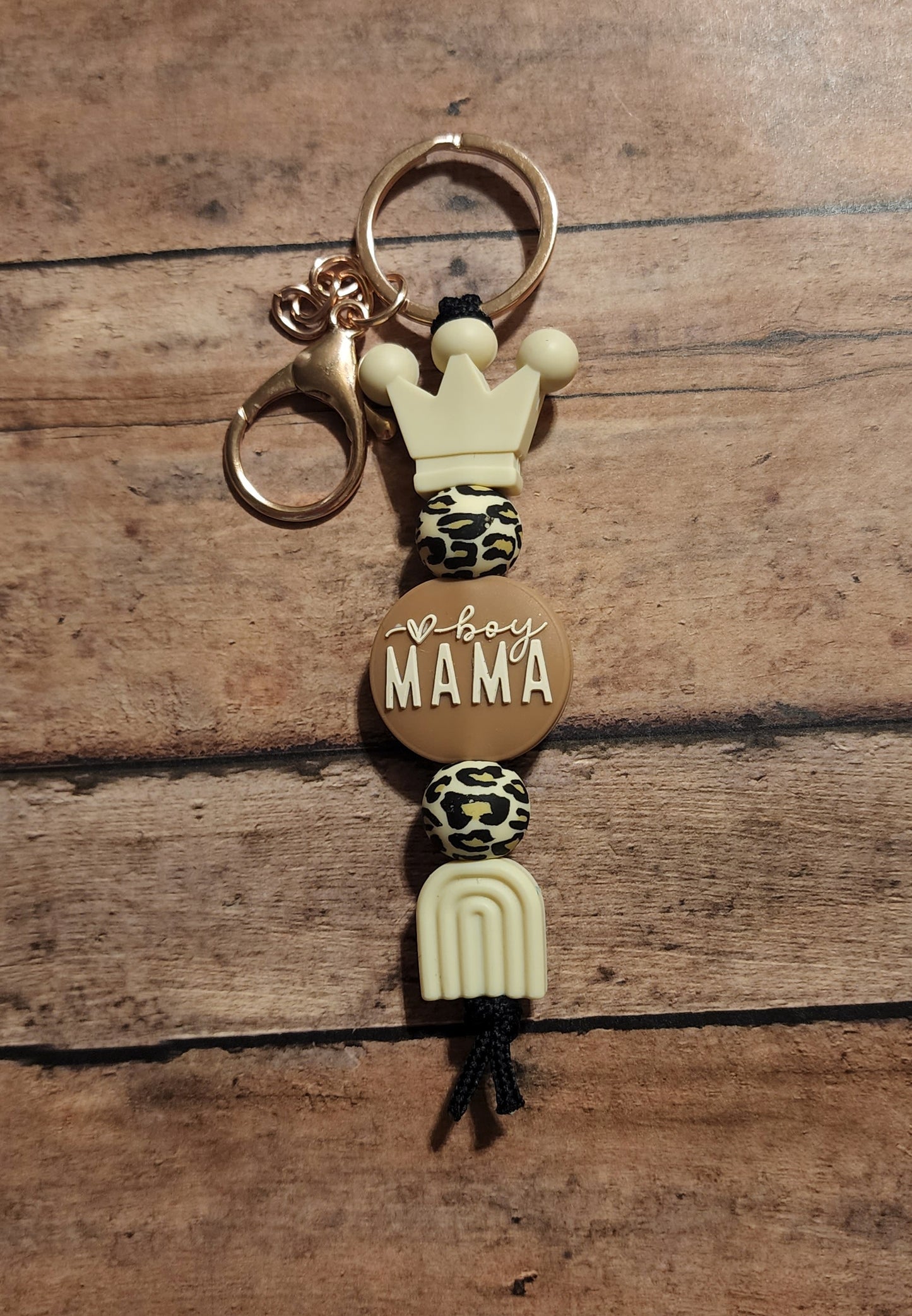 Boy Mama Silicone Bead Keychain | Leopard Print Beige Rainbow & Tiara Silicone Beaded Keychain