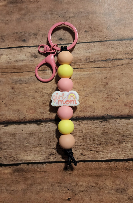 Girl Mom Pastel Rainbow Silicone Bead Keychain | Pink & Yellow Silicone Beaded Keychain For Mamas