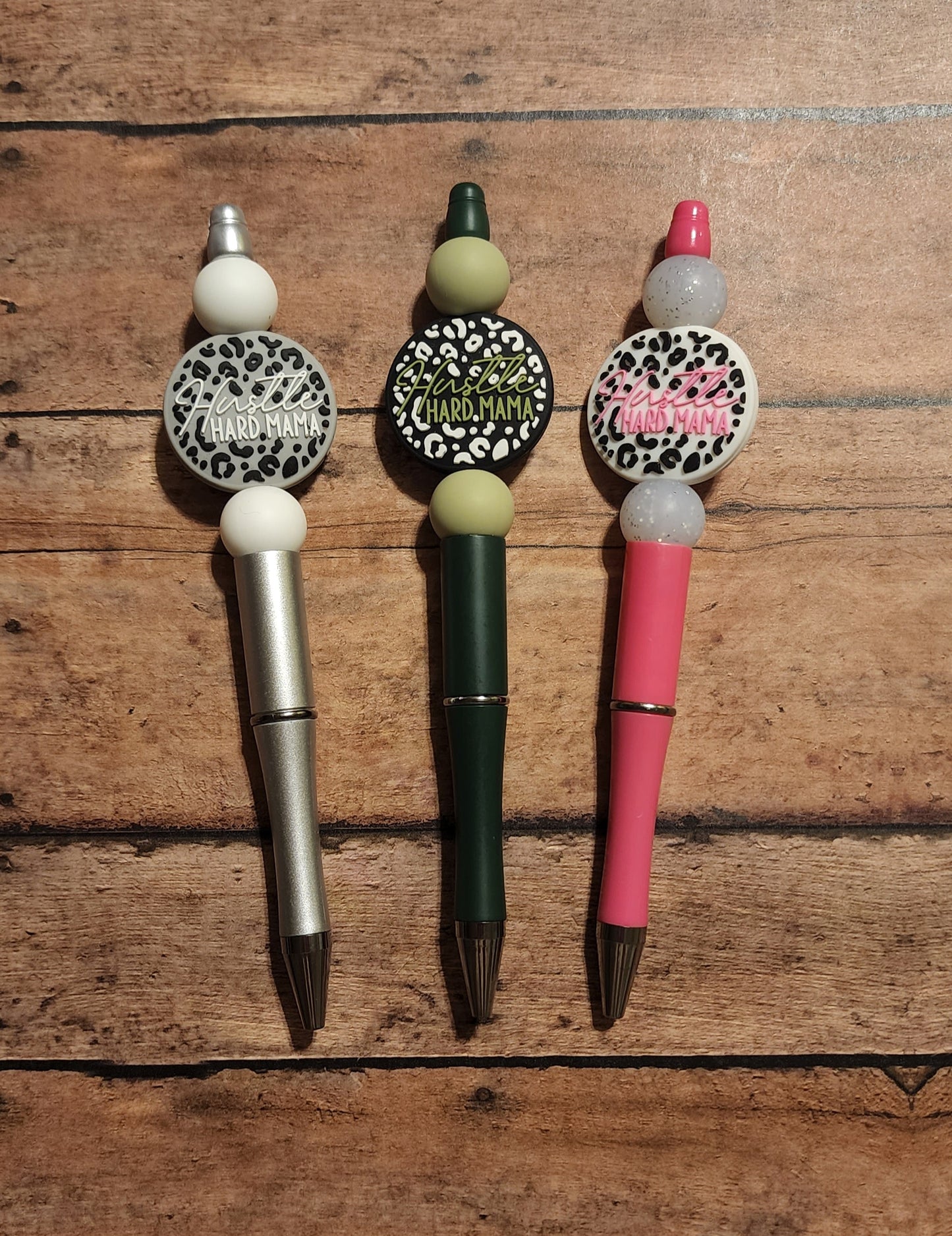 Hustle Hard Mama Silicone Bead Pens | Silver Green Pink Leopard Print Mama Silicone Beaded Pens