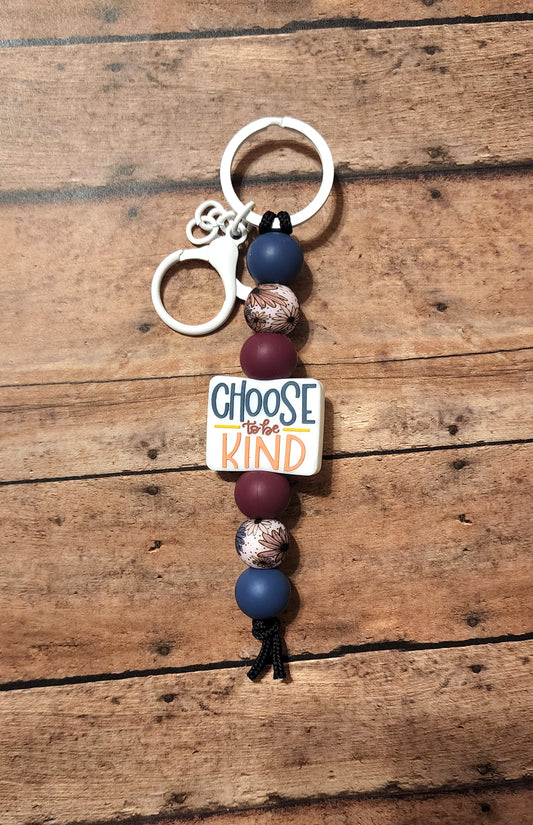 Choose To Be Kind Silicone Bead Keychain | Navy & Maroon Floral Print Silicone Beaded Keychain