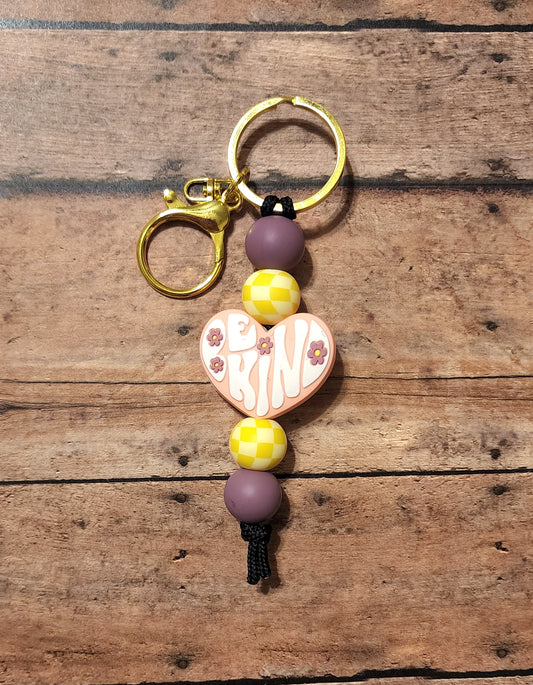 Be Kind Silicone Bead Mini Keychain | Flower Heart Pink Yellow Checker Print Silicone Beaded Keychain