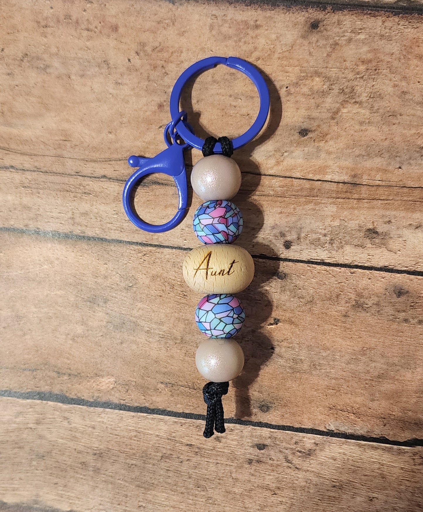 Aunt Wood & Silicone Bead Mini Keychain | Stained Glass Print Silicone Beaded Keychain