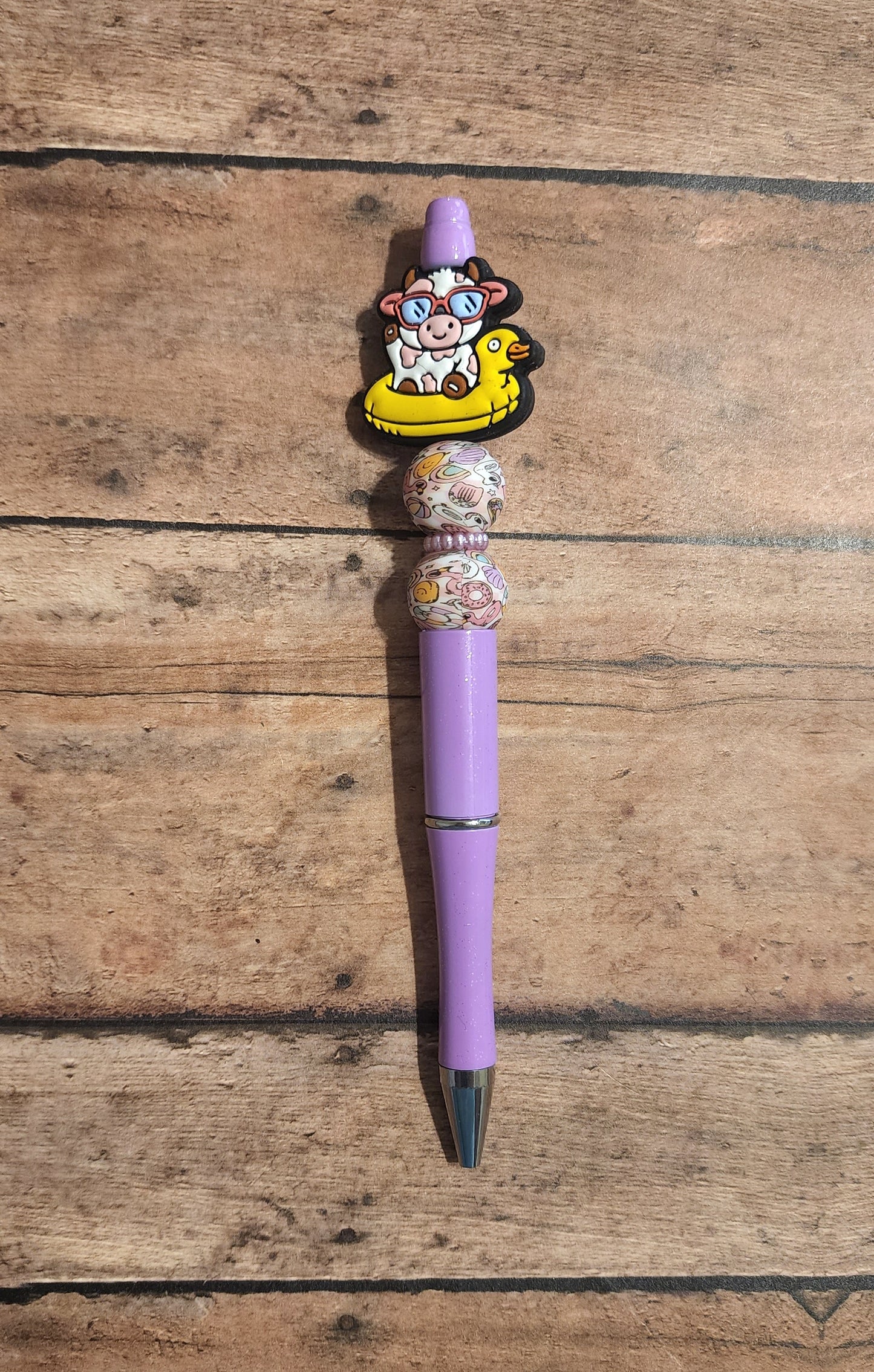 Cow Floatie Silicone Bead Pen | Floatie Printed Silicone Beaded Purple Pen