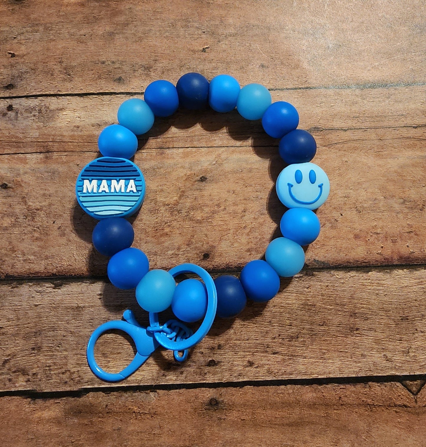 Blue Smiley Mama | Glow-in-the-Dark Silicone Beaded Wristlet Keychain