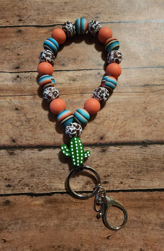Western Cactus | Silicone Beaded Teardrop Wristlet Keychain