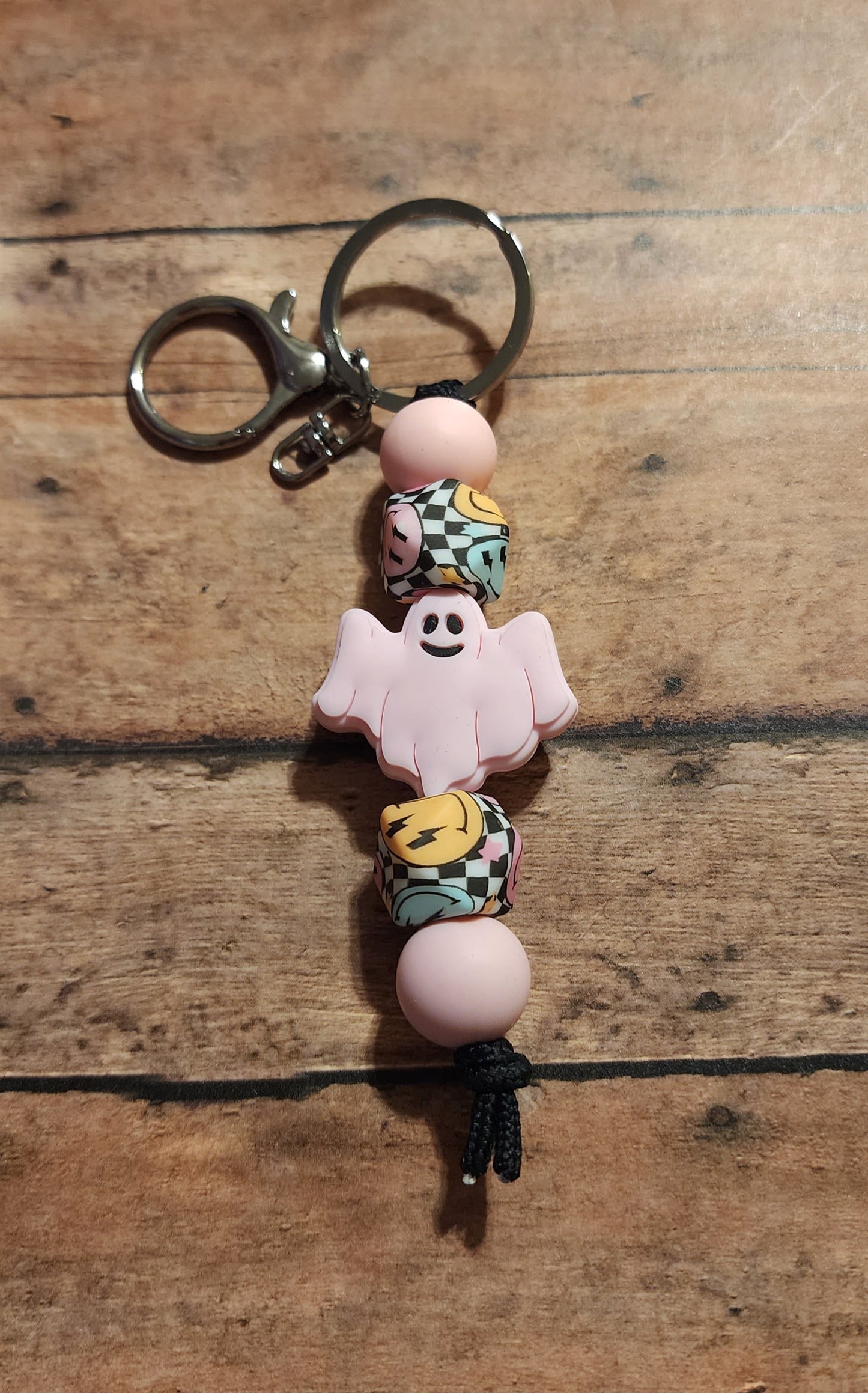 Pink Ghostie Checker | Silicone Beaded Mini Keychain