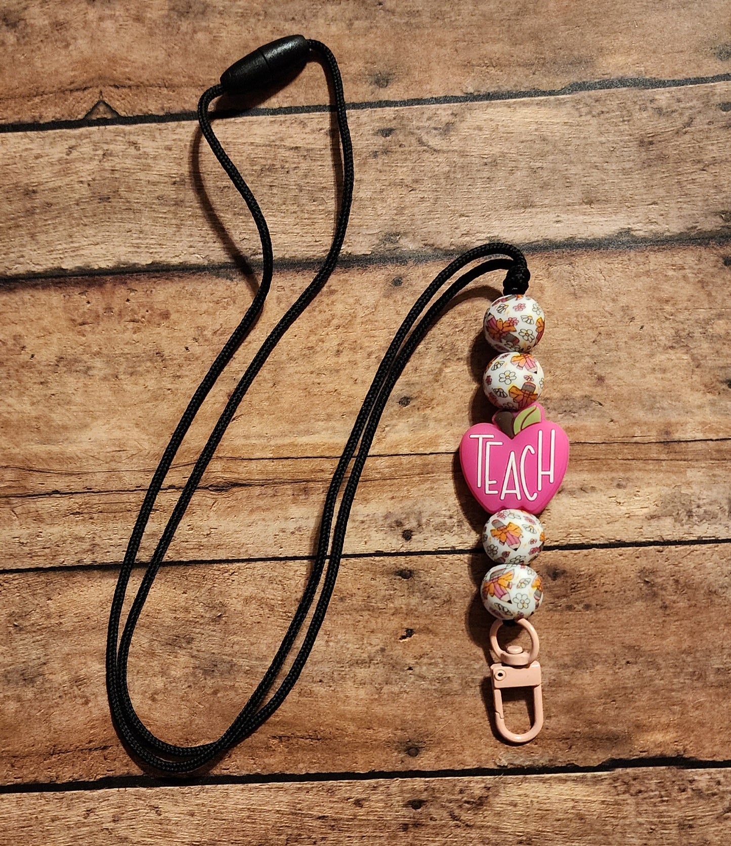 Hot Pink Teach Apple | Silicone Beaded Lanyard