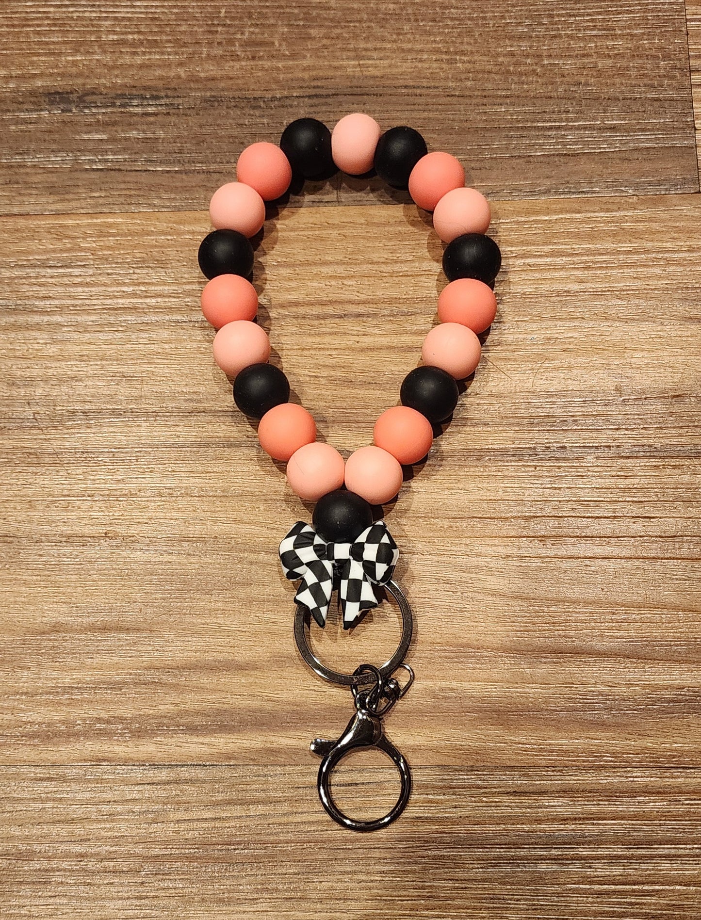 Coral Checker Bow | Silicone Beaded Teardrop Wristlet
