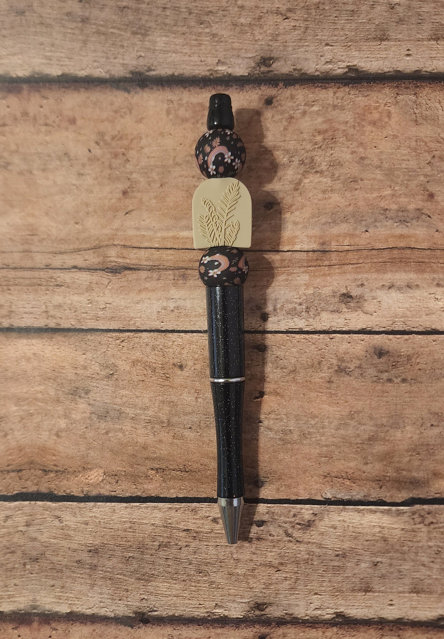Boho Rainbows Pen | Silicone Beaded Pen | Black Glitter Pen