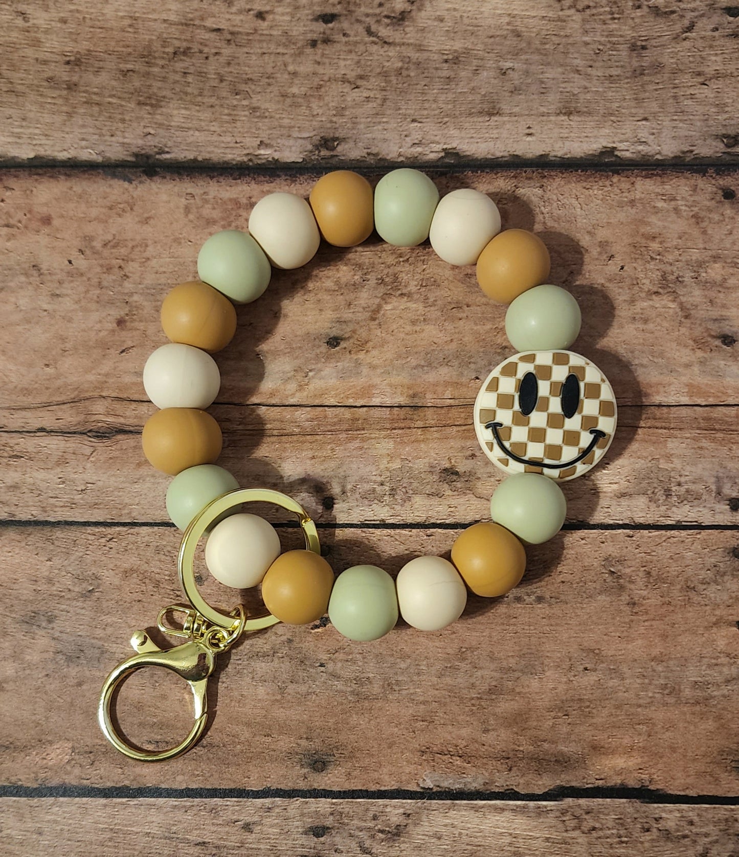 Neutral Checker Smiley Wristlet