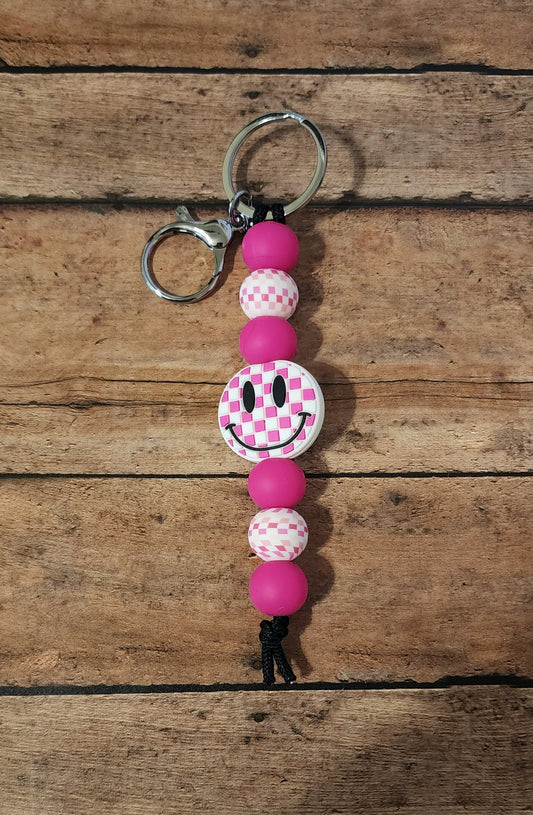 Pink Checker Smiley Keychain