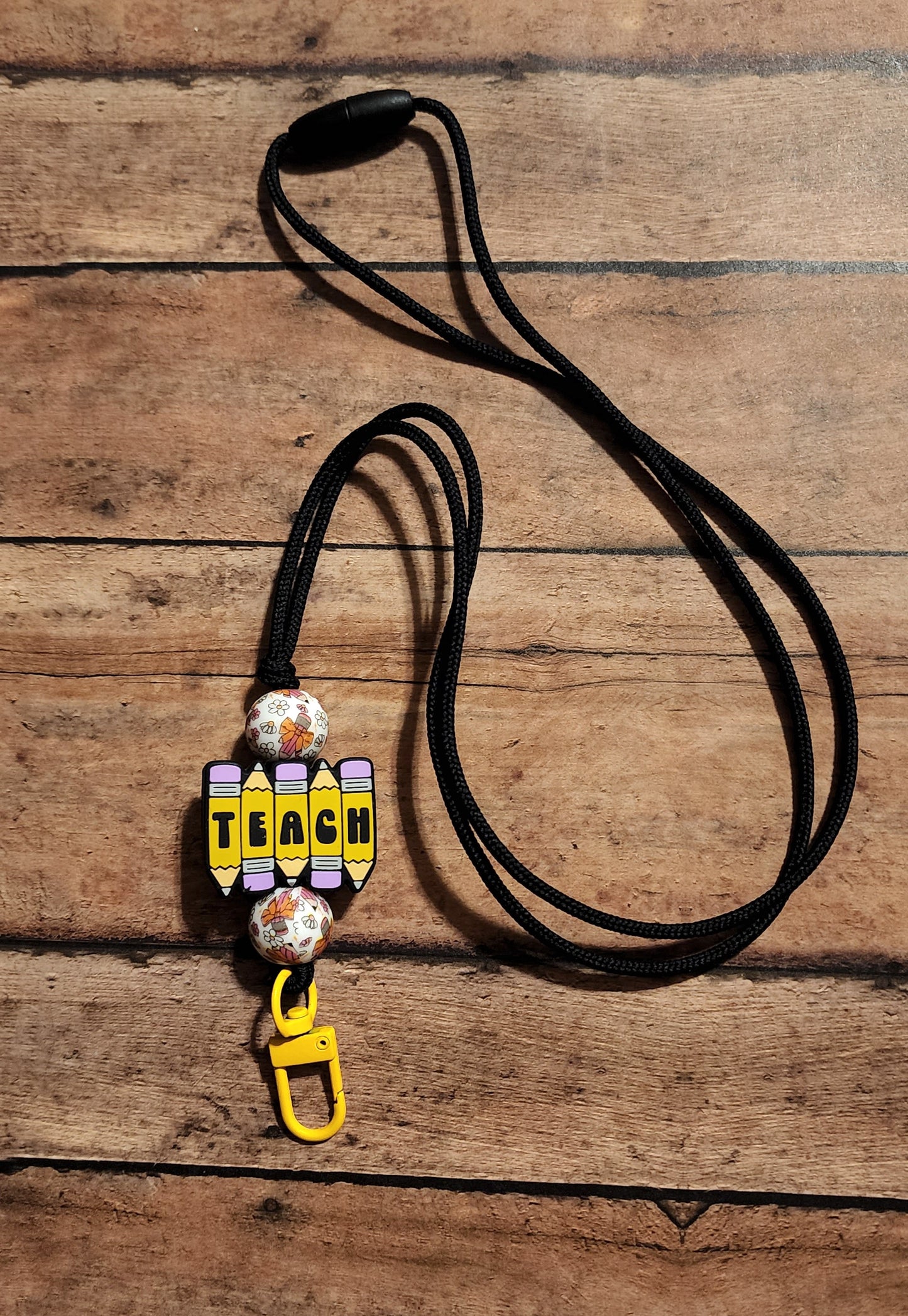 Teacher Silicone Bead Lanyard | "TEACH" Pencil Charm | Bright and Fun Classroom Badge Holder