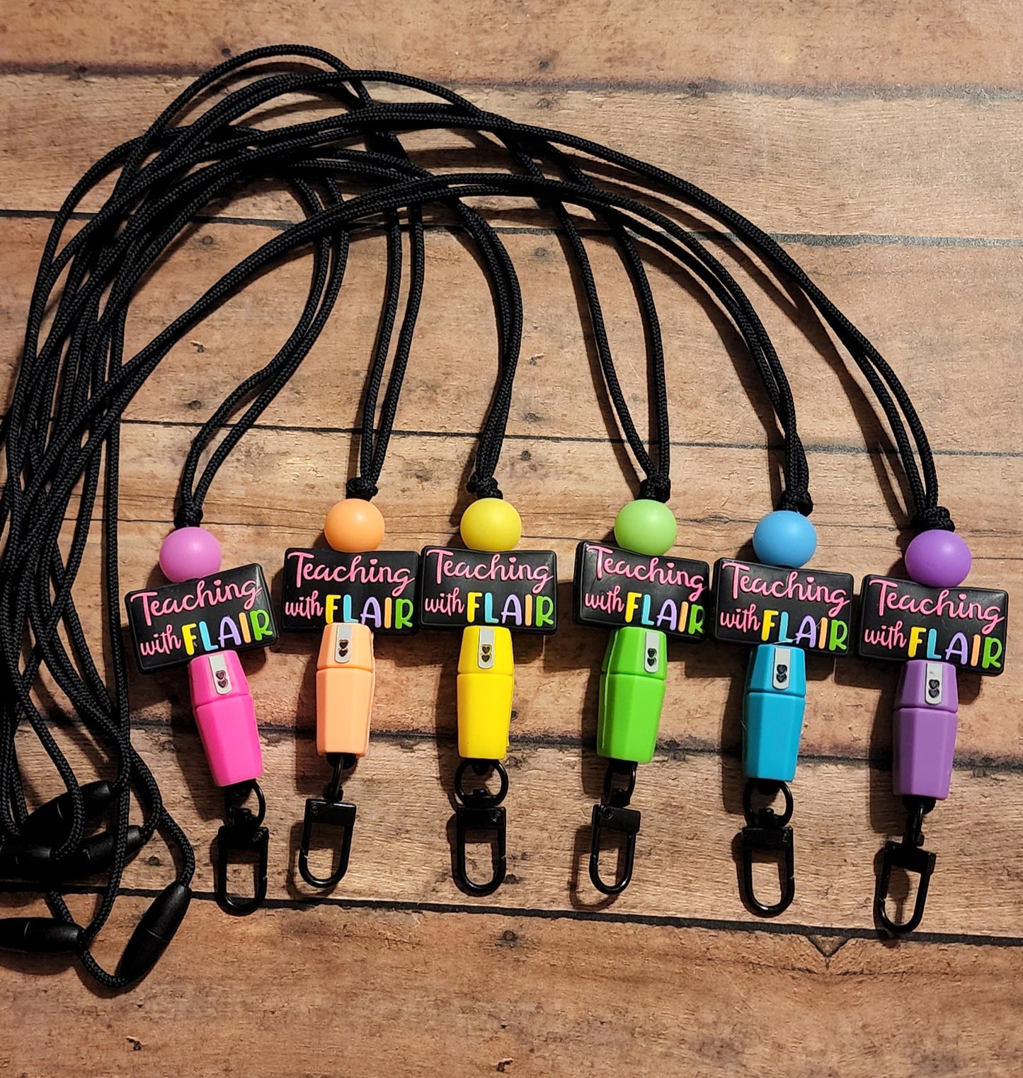 Teacher Silicone Bead Lanyard | "Teaching with Flair" Flair Pen Charm | Colorful Classroom Badge Holder
