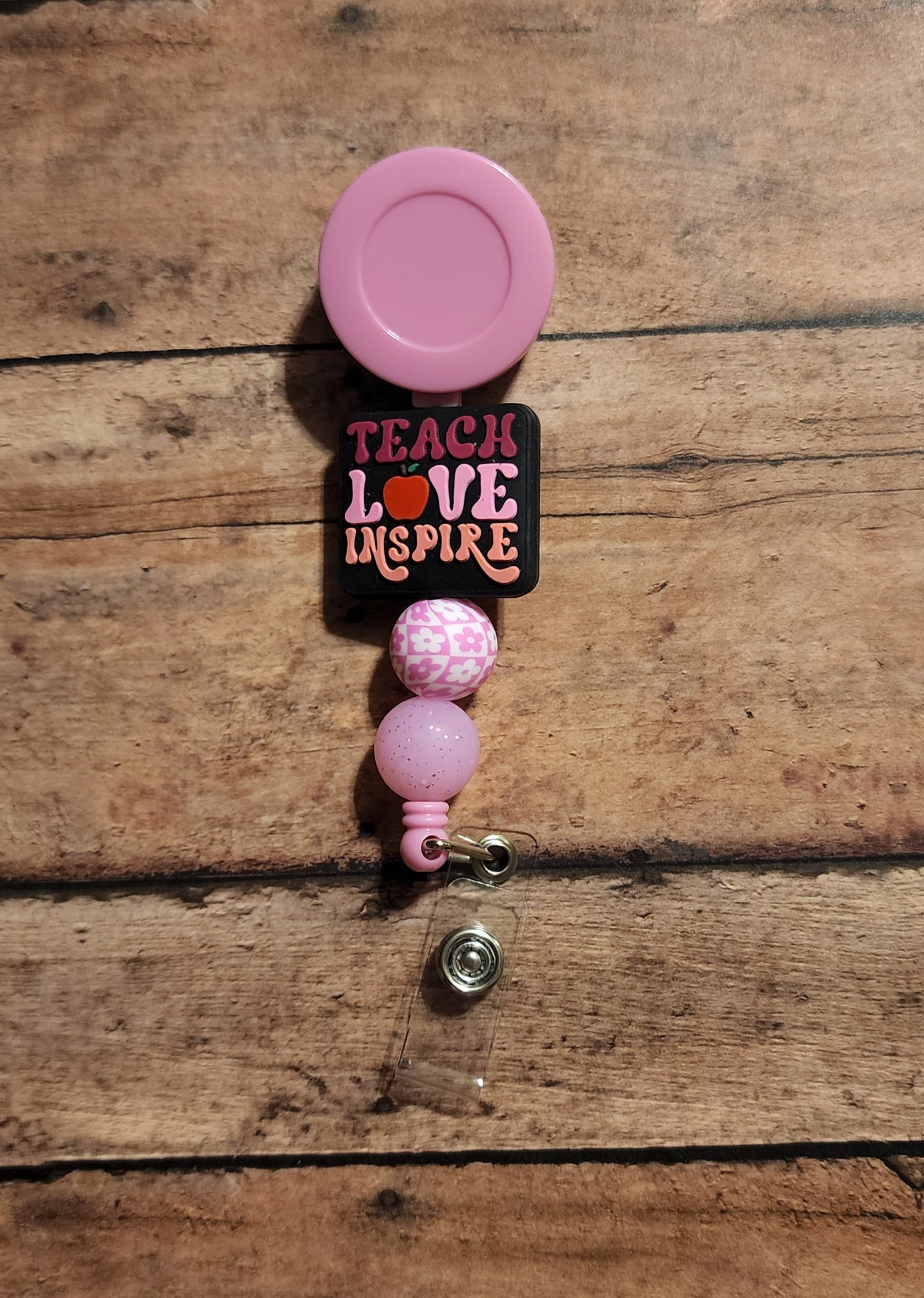 Teacher Silicone Bead Badge Reel | "Teach Love Inspire" Pink Charm | Cute and Inspirational Badge Holder