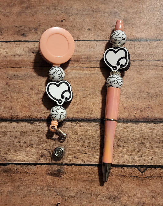 Peach Stethoscope Heart Silicone Bead Badge Reel & Pen Matching Set | Nurse Matching Gift Set