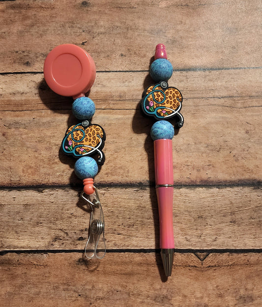 Colorful Leopard Heart Stethoscope Silicone Bead Badge Reel & Pen Matching Set | Nurse Matching Gift Set