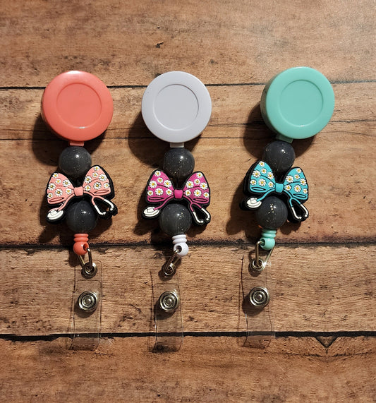 Stethoscope Bow Silicone Bead Badge Reel | Pink White Turquoise Floral Bow Nurse Badge Reel