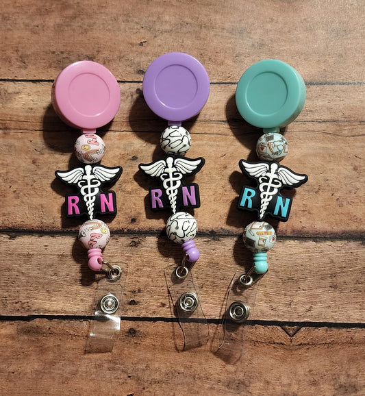 RN Silicone Bead Badge Reel | Pink Purple Turquoise Nurse Print Badge Reel