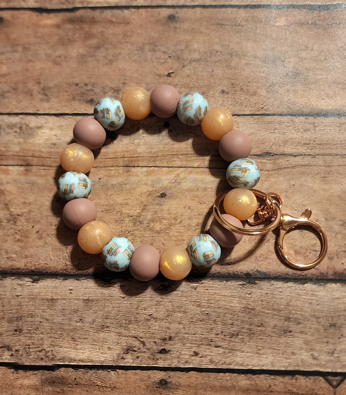 Book Stack Print Silicone Bead Wristlet Keychain | Blush & Blue Silicone Beaded Wristlet Keychain | Gift for Book Lovers