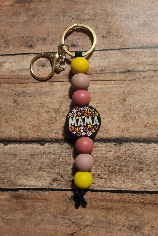 Mama Flower Silicone Bead Keychain | Blush Red & Yellow Silicone Beaded Keychain For Mom