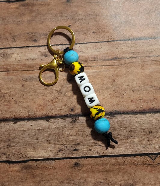Mom Sunflower Silicone Bead Keychain | Sunflower & Turquoise Stone Printed Silicone Beaded Keychain For Mamas