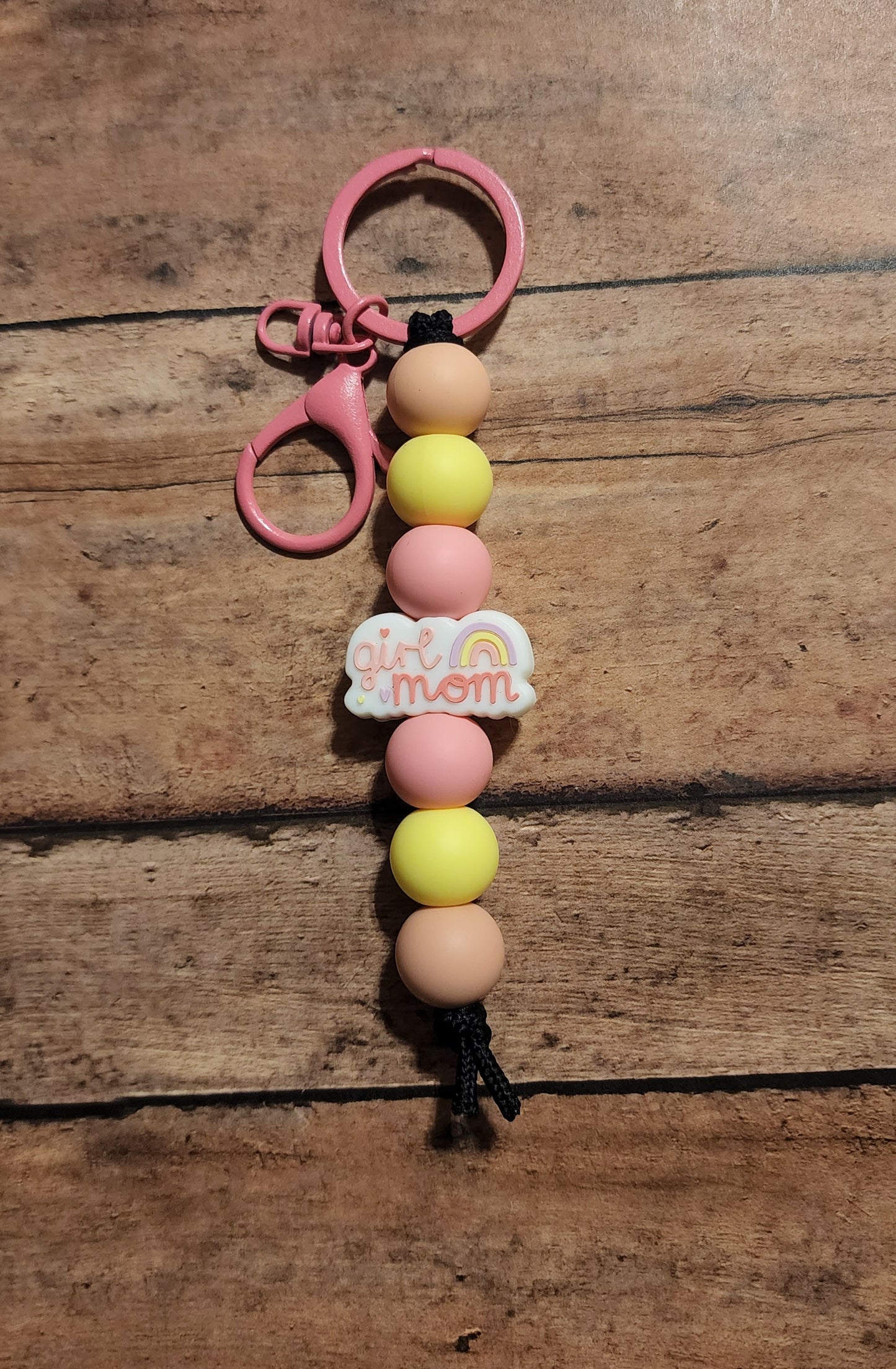 Girl Mom Pastel Rainbow Silicone Bead Keychain | Pink & Yellow Silicone Beaded Keychain For Mamas