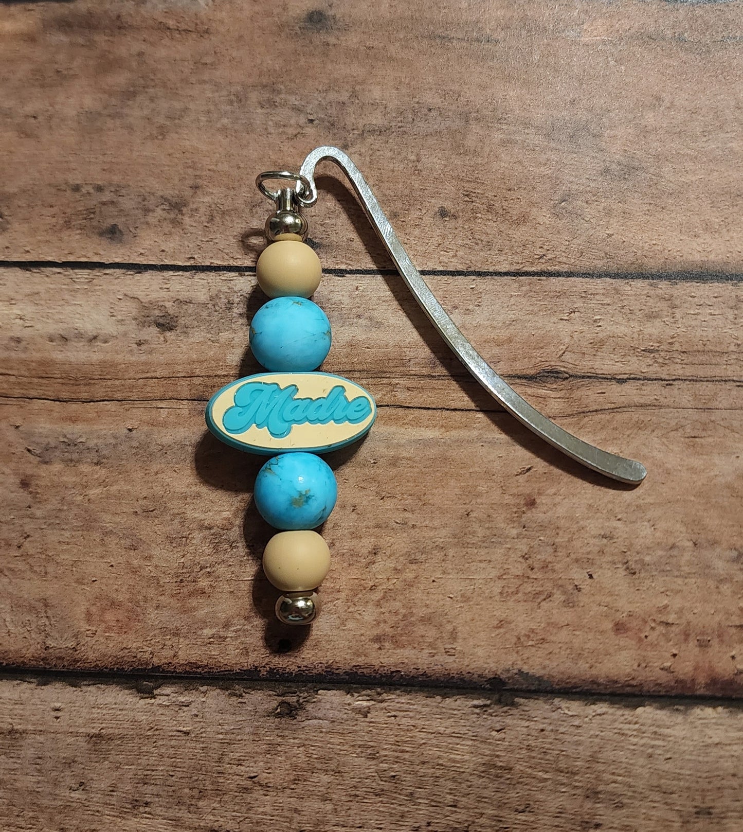 Madre Turquoise & Beige Silicone Bead Bookmark | Turquoise Stone Printed Silicone Beaded Bookmark