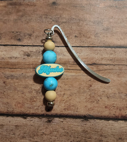 Madre Turquoise & Beige Silicone Bead Bookmark | Turquoise Stone Printed Silicone Beaded Bookmark