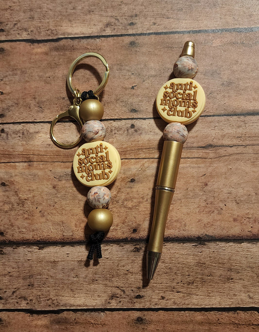 Anti Social Moms Club Silicone Bead Mini Keychain & Pen Set | Classic Floral and Gold Silicone Beaded Mini Keychain & Pen Set