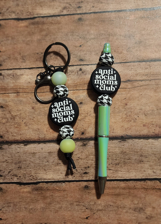 Anti Social Moms Club Silicone Bead Mini Keychain & Pen Set | Houndsooth Glow-in-the-Dark Mint Mama Silicone Beaded Mini Keychain & Pen Matching Set